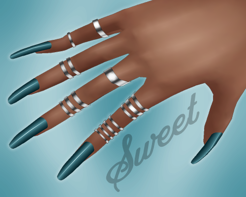 Dark Aqua Long Shiny Nails with Silver Rings