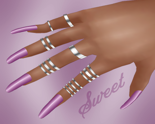 Iris Pink Long Shiny Nails with Silver Rings