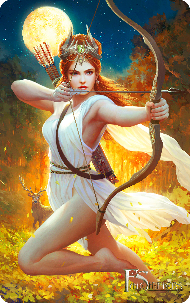 相当於罗马神话中的黛安娜,是神话中的月亮女神与狩猎的象徵.