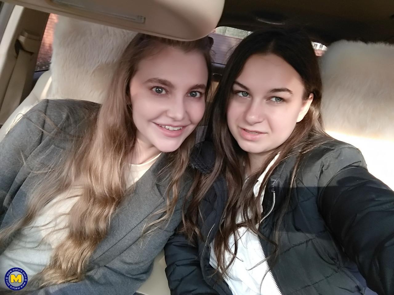 Long haired European lovers take a selfie in the car before lesbian sex action(2)