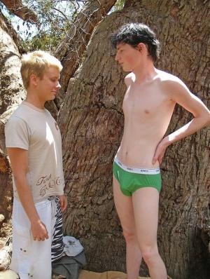 Gay boys Jackson C and Sebastian M give each other a blowjob outdoors