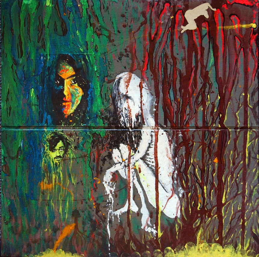 A seated white humanlike figure sits in the middle of the image, its face seeming to melt, maybe covered with tears. To the left of the figure are the faces of Charles Manson and Susan Atkins, and in the upper right corner there is a small, white human figure in a reclining posture. The background has left and right halves, the left mostly green and blue with long vertical streaks, and the right with long streaks of blood-red paint that seem to melt into flames at the bottom of the canvas. 