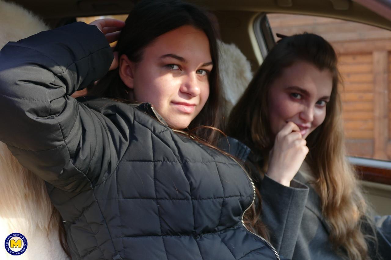 Long haired European lovers take a selfie in the car before lesbian sex action(15)