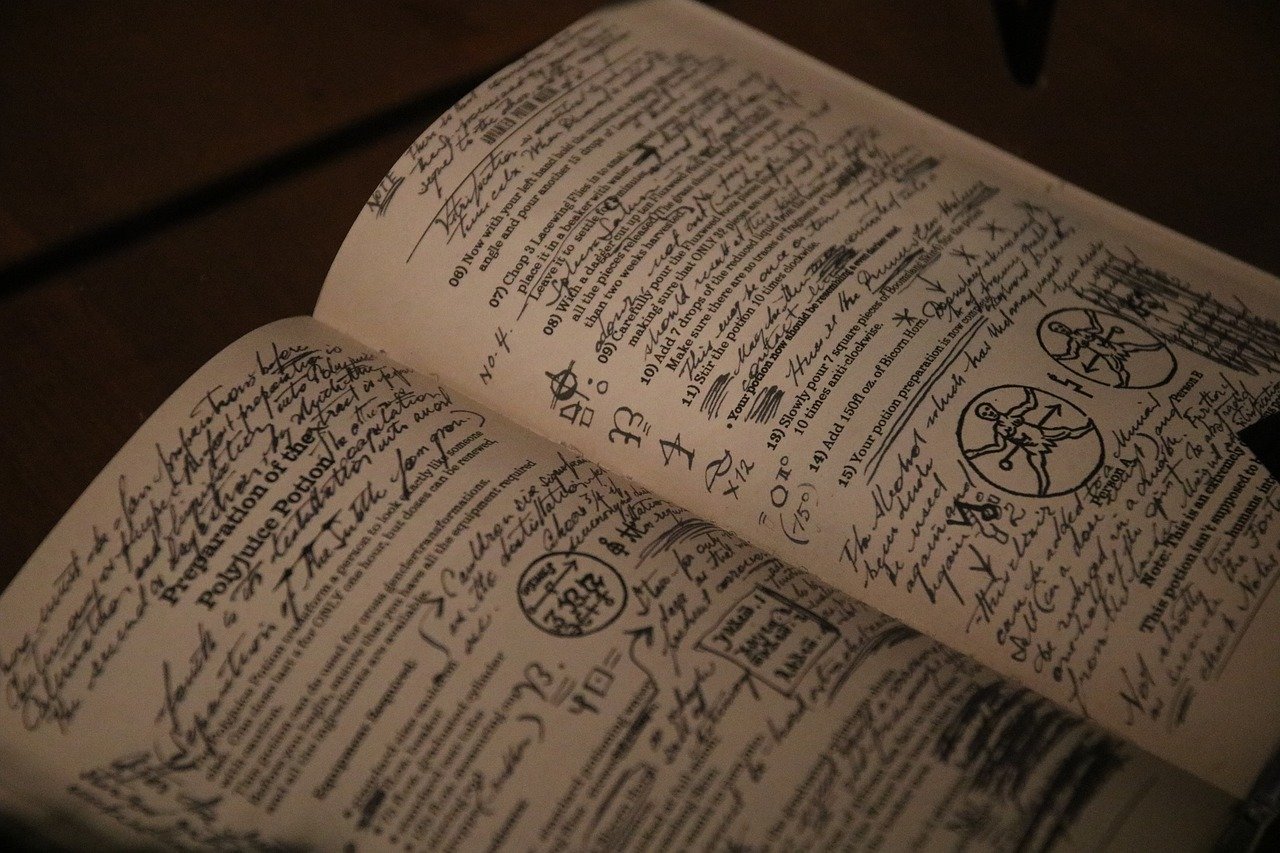 Book of spells and potions with many hand-written notes and diagrams across the pages