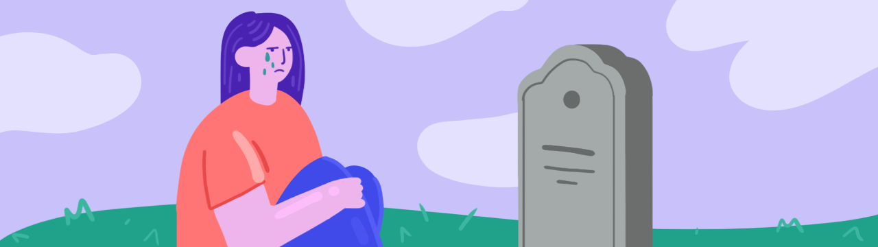 An adult woman who experiences traumatic grief, crying at the grave