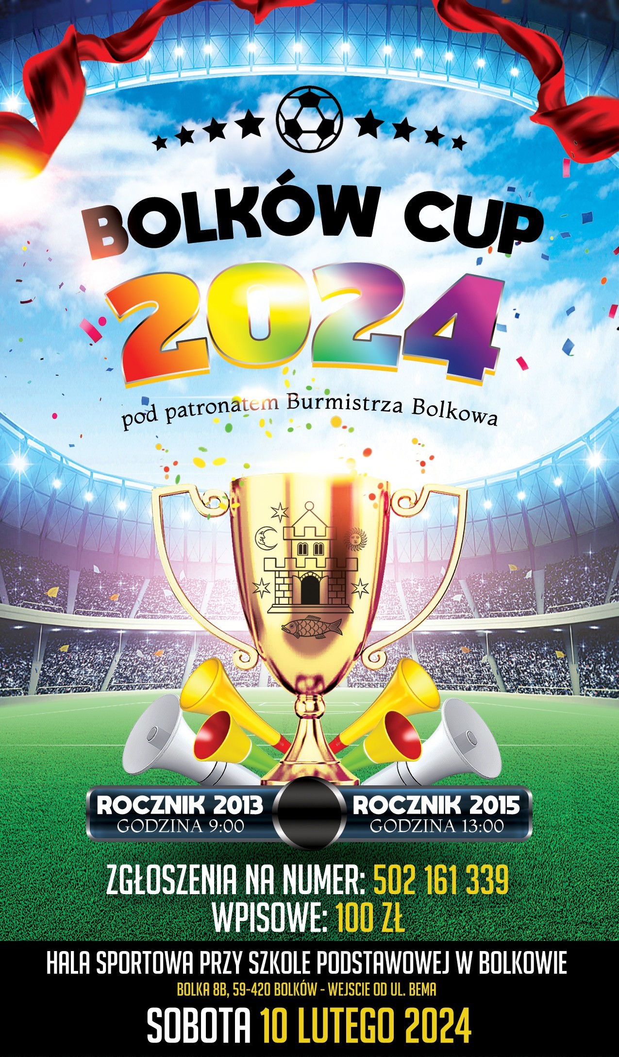 plakat promujący rozgrywki w piłkę nożną, na plakacie murawa i trybuny oraz napis BOLKÓW CUP 2024