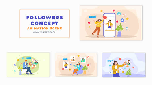 Social Media Followers Concept 2D Character Animation Scene - VideoHive 49459174