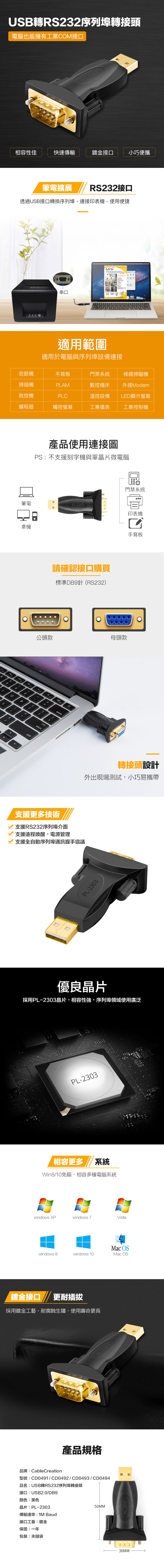 USB轉RS232序列埠轉接頭電腦也能擁有工業COM接口P-233相容性佳快速傳輸鍍金接口小巧便攜筆電擴展 RS232接口透過USB接口轉換序列埠,連接印表機,使用便捷串口適用範圍適用於電腦與序列埠設備連接收銀機手寫板門禁系統條碼掃瞄機掃描機PLAM數控機床外接Modem稅控機PLC溫控設備LED顯示螢幕編程器觸控螢幕工業儀表工業控制機89L產品使用連接圖PS : 不支援刻字機與單晶片微電腦筆電PL-2303桌機0Pshift請確認接口購買標準DB9針(RS232)門禁系統公頭款母頭款returndelete支援更多技術支援RS232序列埠介面支援遠程喚醒,電源管理支援全自動序列埠通訊握手協議印表機手寫板轉接頭設計外出現場測試,小巧易攜帶PL-2303優良晶片採用PL-2303晶片,相容性強,序列埠領域使用廣泛PL-2303相容更多 系統Win8/10免驅,相容多種電腦系統windows XPwindows 7Vista OSwindows 8windows 10Mac OS鍍金接口更耐插拔採用鍍金工藝,耐腐蝕生鏽,使用壽命更長PL-2303產品規格品牌:CableCreation型號:CD0491/CD0492/CD0493/CD0494品名:USB轉RS232序列埠轉接頭接口:USB2.0/DB9顏色:黑色晶片:PL-2303傳輸速率:1M Baud接口工藝:鍍金50MM保固:一年包裝:夾鏈袋PL-230336MM