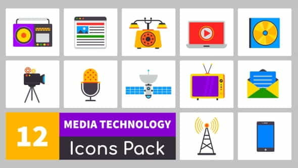 12 Media Technology Icons Pack - VideoHive 24685333
