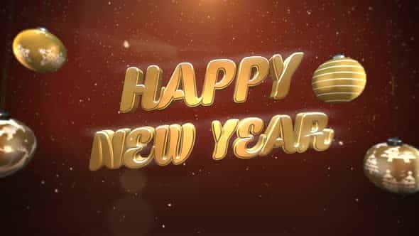 Animated closeup Happy New Year text, white snowflakes and gold balls on retro background | Events - VideoHive 29540174