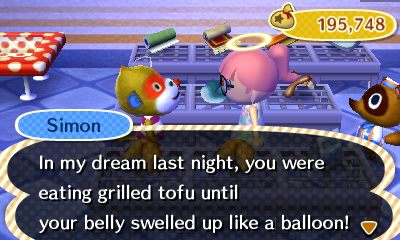 Simon from Animal Crossing talking to a player character in a store. He says 'In my dreams last night, you were eating grilled tofu until your belly swelled up like a balloon!'