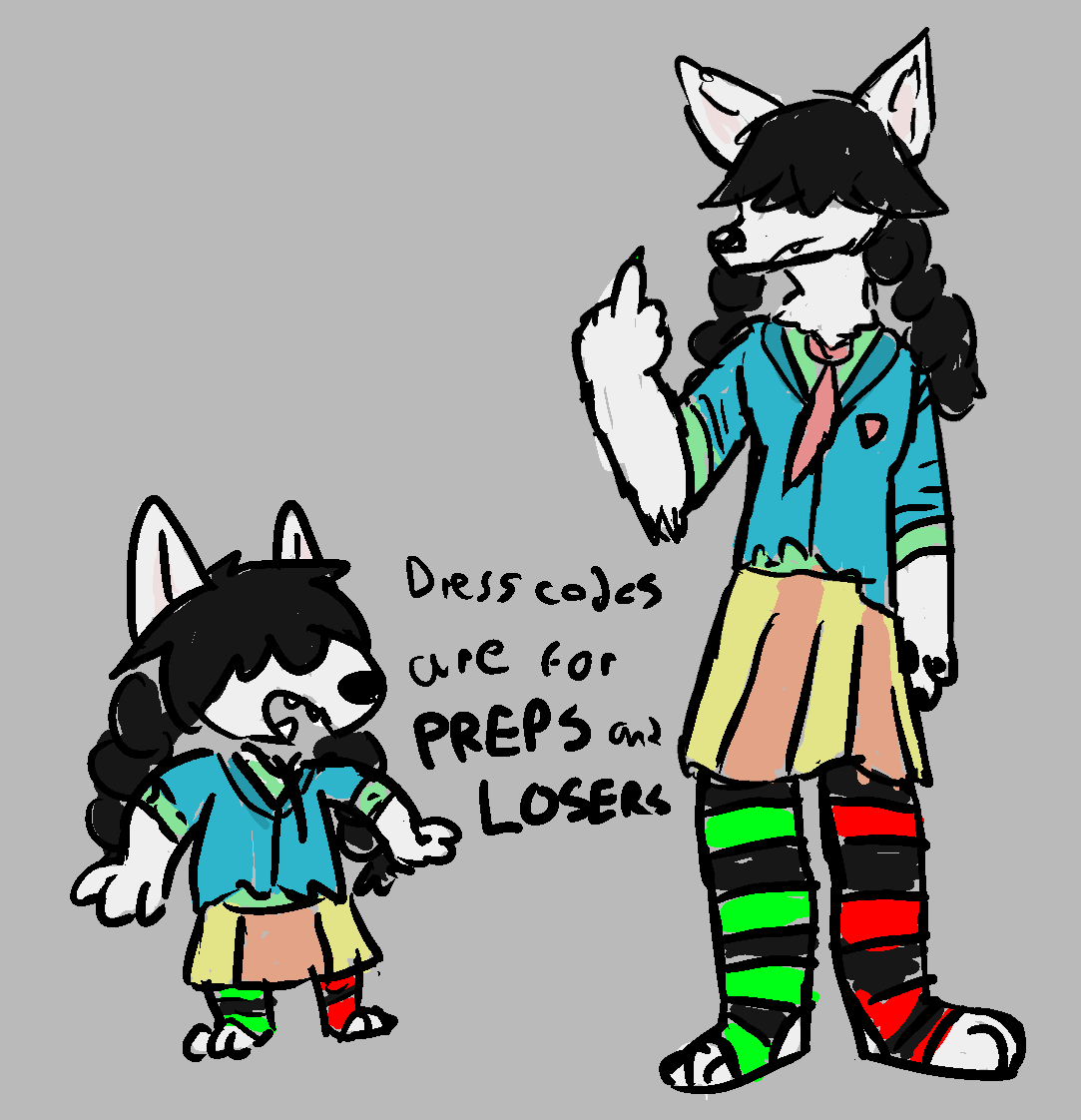 Sketches of incredibly incorrect and brightly colored speculation of Yiffany's school uniform. It however is tattered and a tiny sketch has her saying "dress codes are for preps and losers" while the larger sketch has her flipping off the viewer.