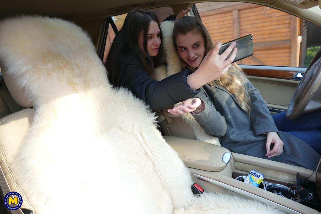 Long haired European lovers take a selfie in the car before lesbian sex action(9)