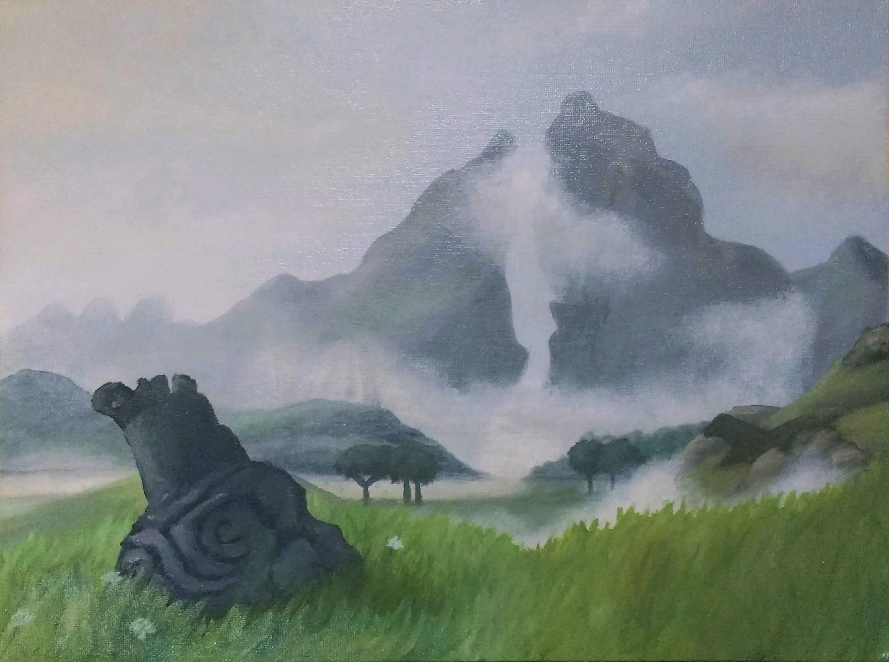 A deactivated Guardian in a field with two mountains behind