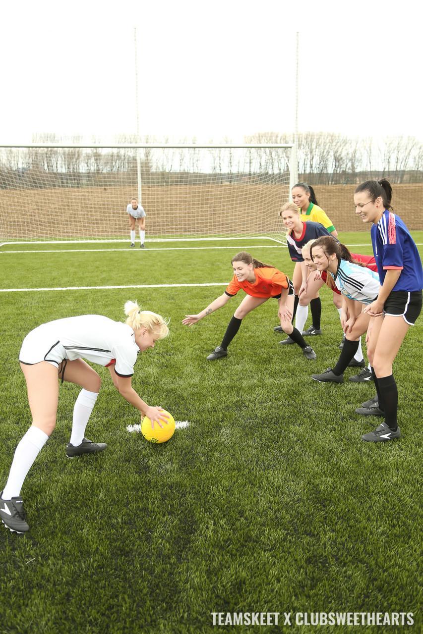 Soccer girls show their bodies at the field before lesbian orgy in a shower(8)