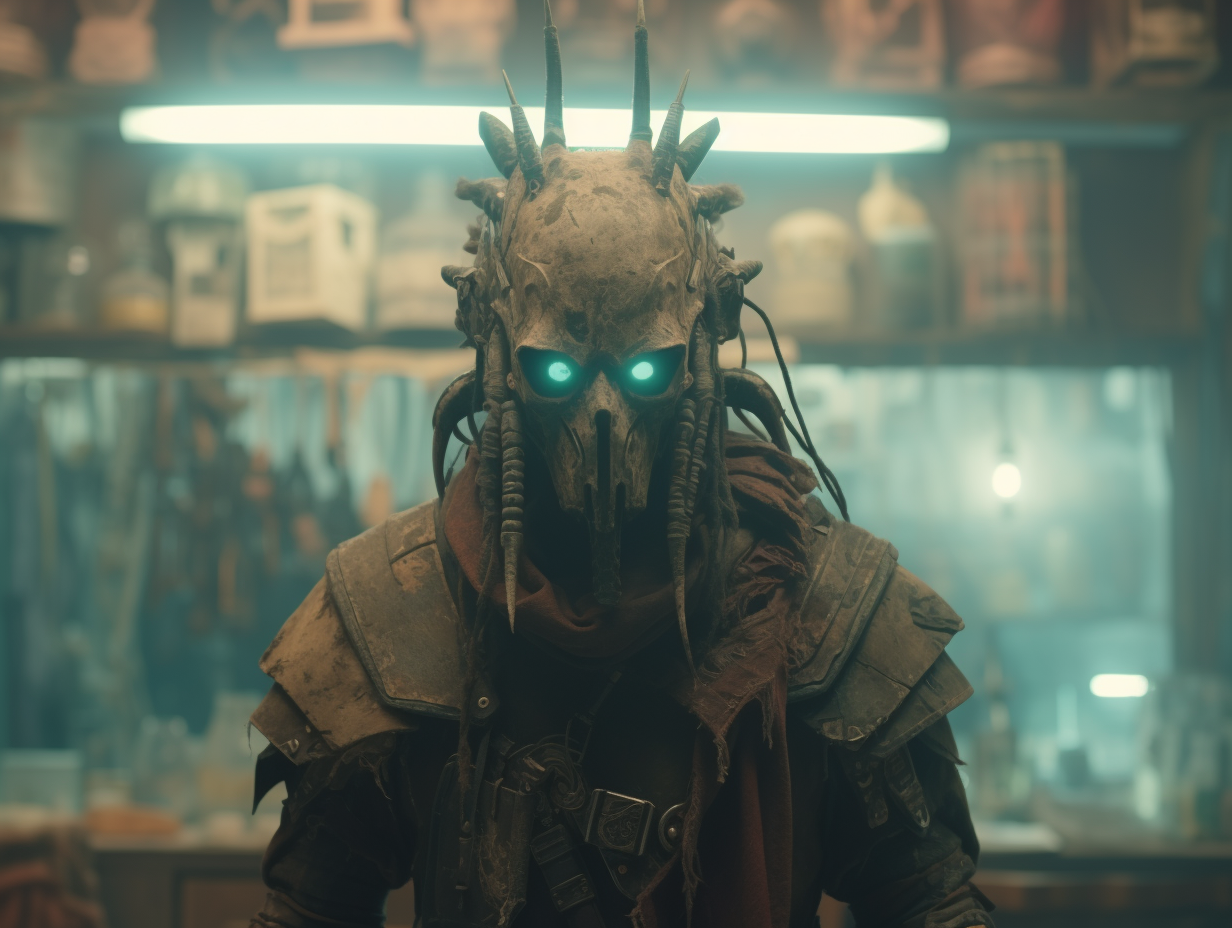 cyberpunk style, illustration, panoramic shot, Cyberpunk traditional pagan mask, worn by shopkeeper, shopkeeper is leaning on the counter, in an antiquities store --stylize 75 --v 5.2 --ar 4:3 --style oGE7PsYY4QR4ayk