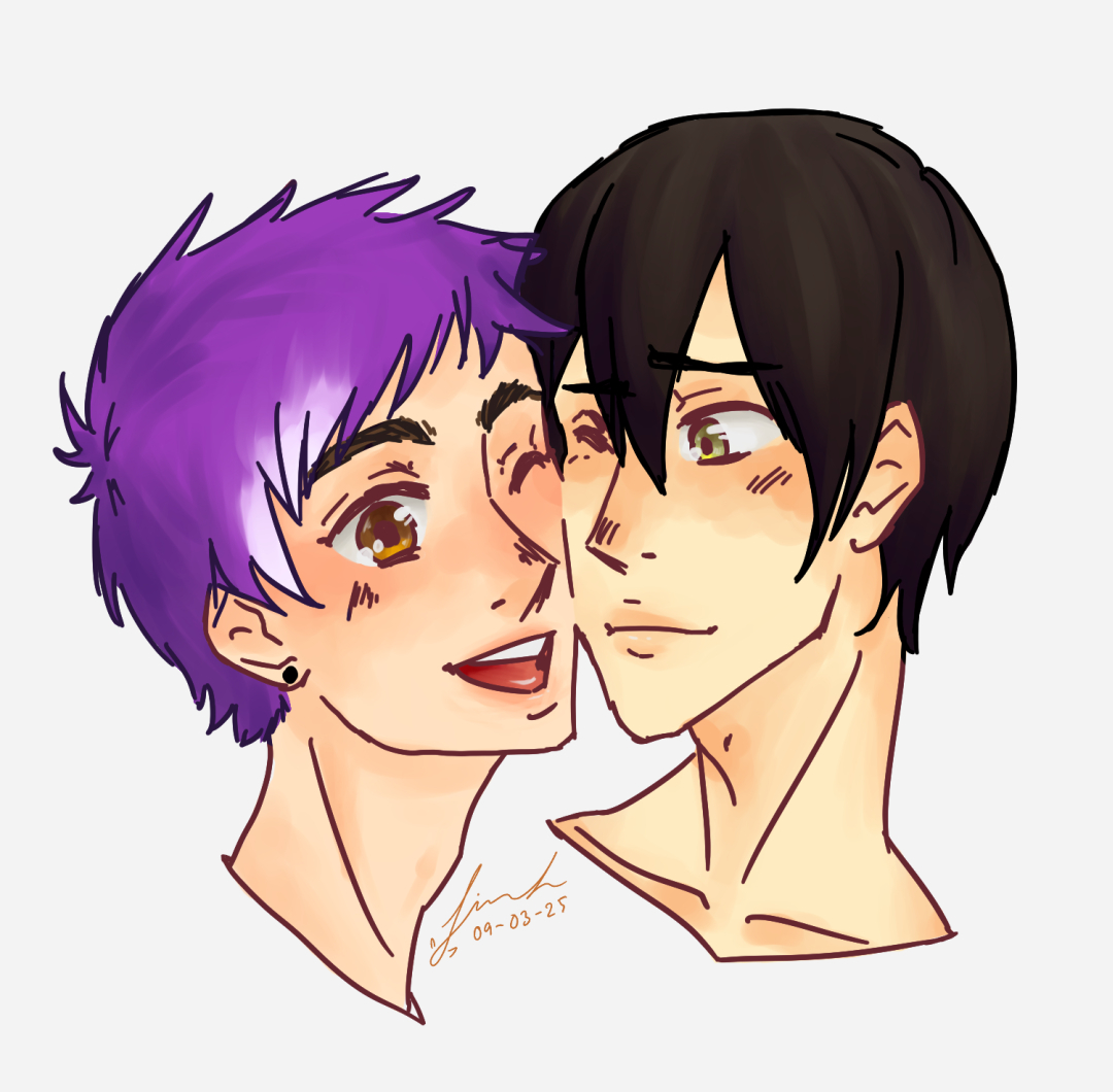 A less amateur drawing of a purple-haired man smooshing his cheek into the cheek of a dark-haired man.