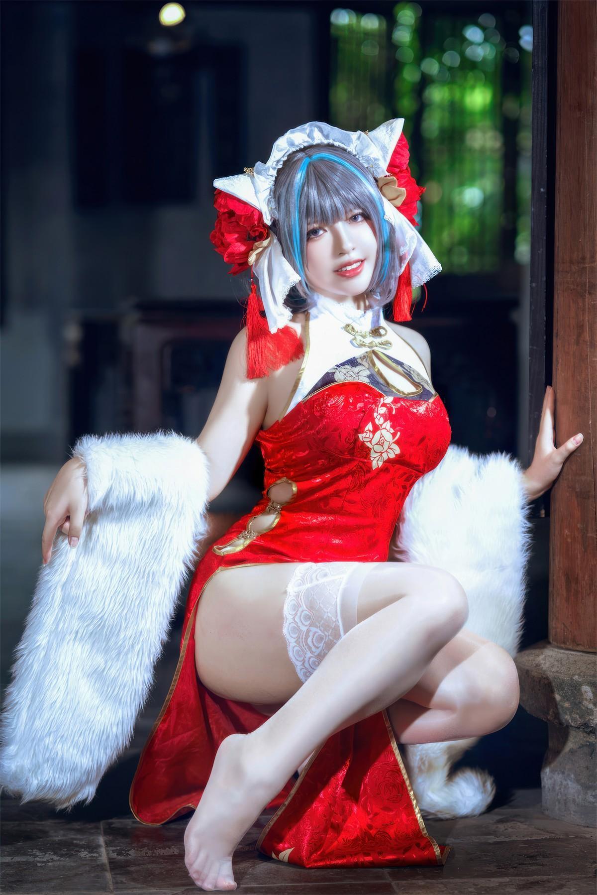 Cosplay 半半子Banbanko 柴郡中华娘旗袍(21)