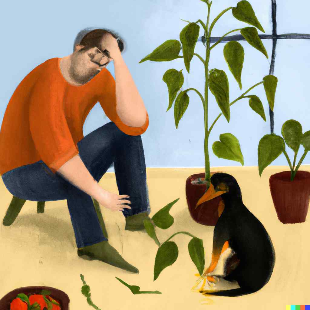 clearly stressed man with medium length brown hair planting chillis with a dog, digital art