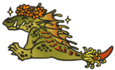 A badge of a Sewer Toridae with a tiger lily flower crown on its head. Obtained through a WaterDom grab bag event for LEAP 2024. Art by FirozTaverbi