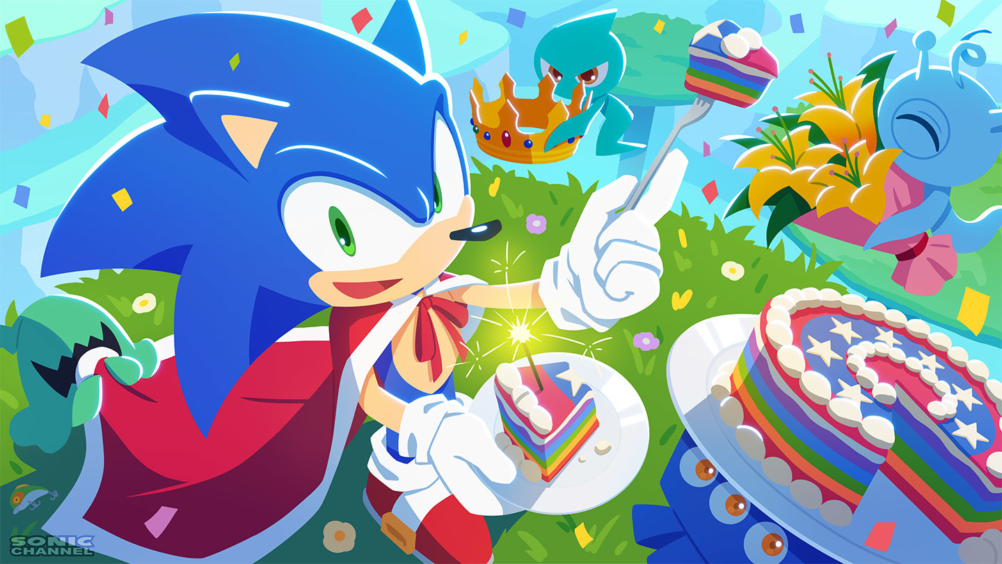 sonic channel art of Sonic The Hedgehog. He is wearing a red cape with white fur around the edges. He is holding a slice of rainbow cake with a sparkler in it. He is outside, and three wisps accompany him.