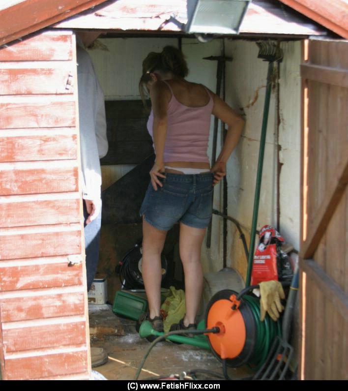 Caucasian girl is taken into a shed for a much-needed spanking(3)