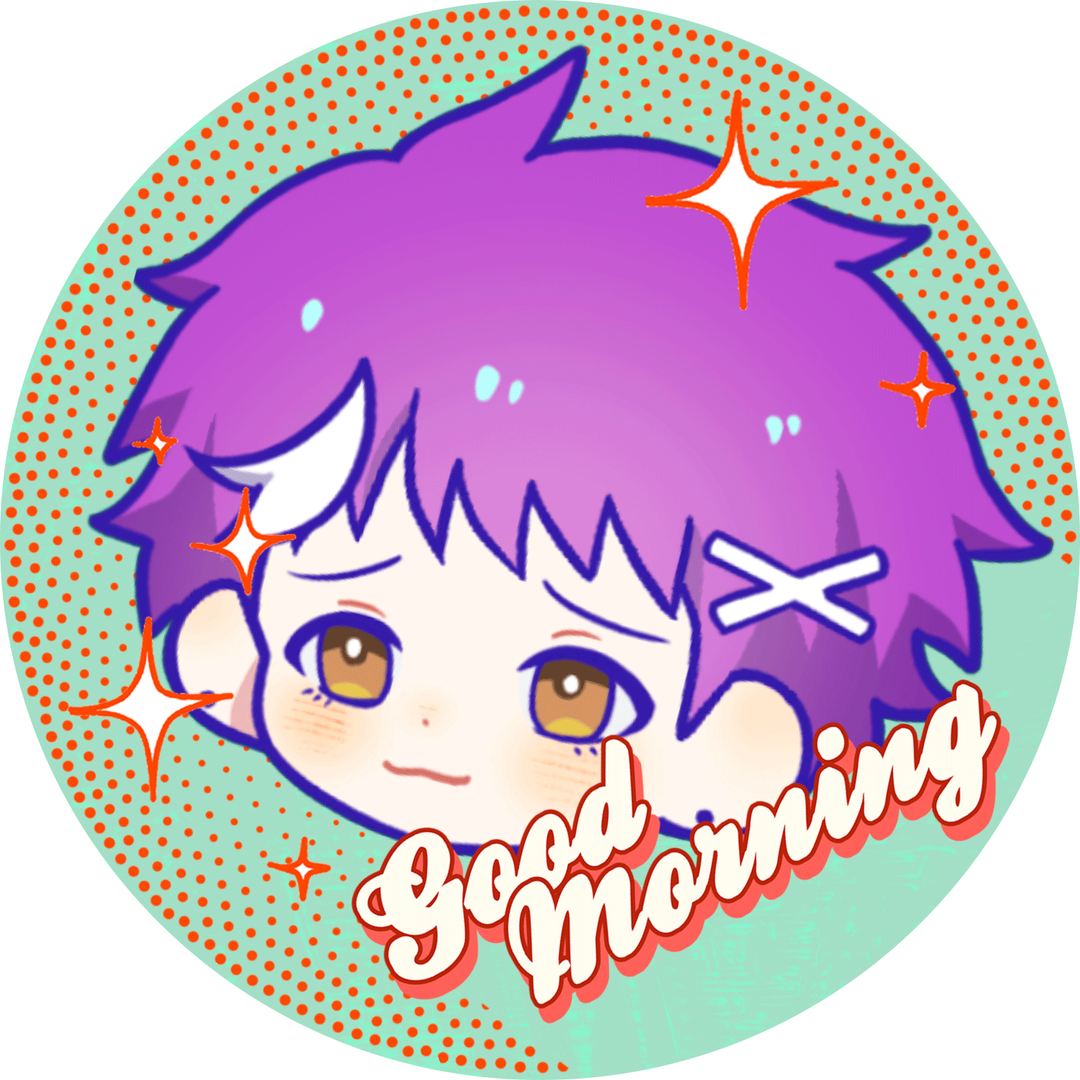 A can badge of Fukita’s sparkling face with text reading, “Good morning.”
