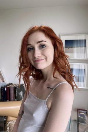 Skinny ginger Scarlet Skies shows her puffy muff & tight asshole up close