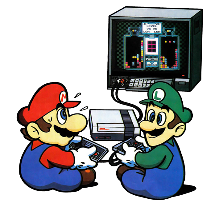 mario and luigi playing Doctor Mario together on the NES. Mario is focusing hard on the screen and Luigi is looking at Mario smiling.