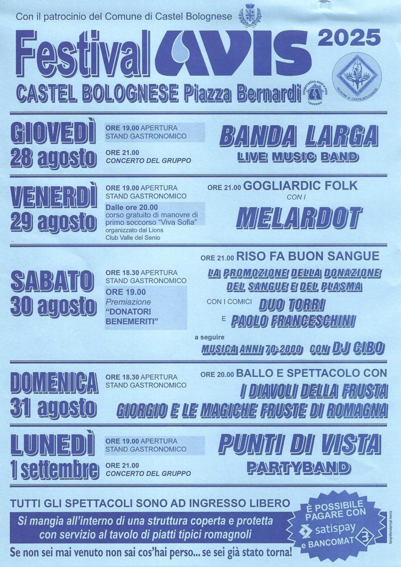 Torna il Festival AVIS 2025 dal 28 agosto al 1° settembre in Piazza Bernardi