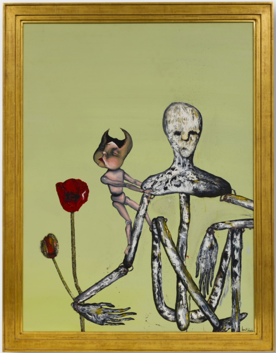 The painting is from the Incesticide album cover. It shows a twig-thin humanlike doll with textured greyish white skin seated on the left, with a small cherub-faced doll clinging to its right arm. The cherub has closed eyes, a cracked skull, and its face is turned away from the larger figure. To the left of these are red poppy flowers. The background is dull grey-green.