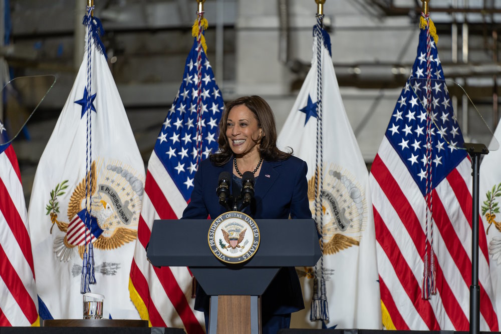 Vice President Kamala Harris gives remarks in front of the Space Environment Simulator (SES) at NASA's Goddard Space Flight Center in Greenbelt, Md., in 2021. Credits: NASA/Taylor Mickal