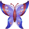 Lavender and red butterfly with blue wing tips.