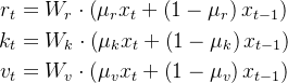 \begin{aligned} r_{t} & =W_{r} \cdot\left(\mu_{r} x_{t}+\left(1-\mu_{r}\right) x_{t-1}\right) \\ k_{t} & =W_{k} \cdot\left(\mu_{k} x_{t}+\left(1-\mu_{k}\right) x_{t-1}\right) \\ v_{t} & =W_{v} \cdot\left(\mu_{v} x_{t}+\left(1-\mu_{v}\right) x_{t-1}\right) \end{aligned}