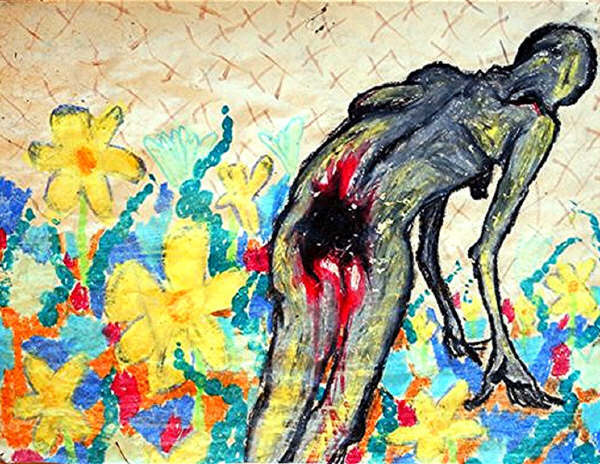 A corpselike, grey-skinned human figure faces away from the viewer, leaning on what might be a bed. Its lower back and anal area look bloody and injured. The background resembles a flowery quilt.