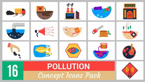 16 Pollution Concept Icons Pack - VideoHive 24696421