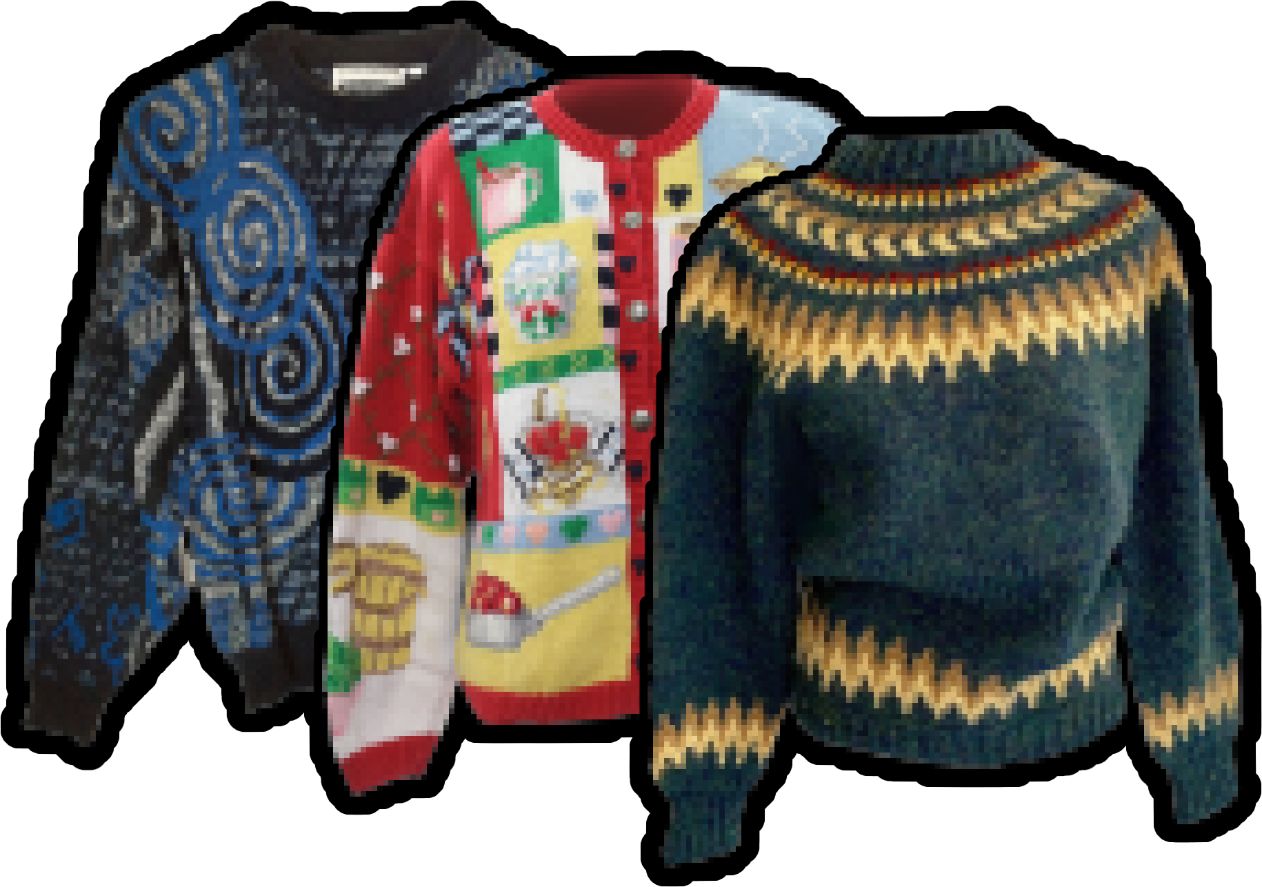 A line-up of three pixelated sweaters. The first sweater is grey and black with blue swirls. The second is patterned like a quilt, featuring pictures of things like pies against baby blue backgrounds and checkers. The final sweater is a dark green, and has yellow and mustard colored zigzags across the collar and sleeves.