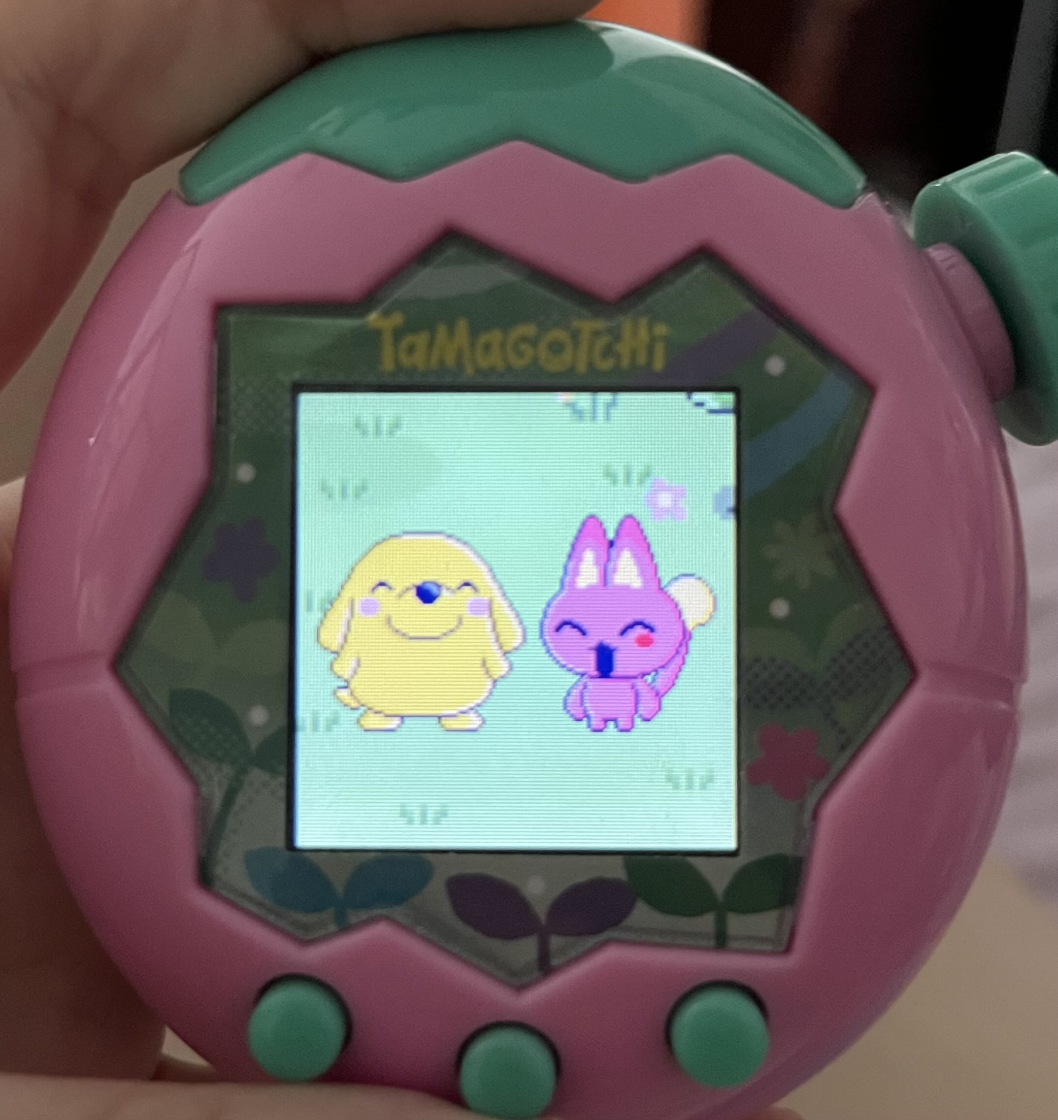 Tamagotchi Paradise showing a pochitchi and a meowtchi being happy