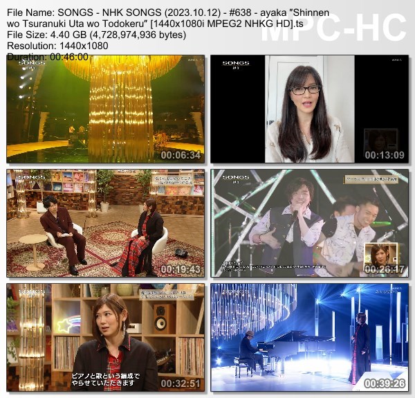 [TV-Variety] NHK SONGS (2023.10.12) – 第638回 絢香 “信念を貫き 歌を届ける”