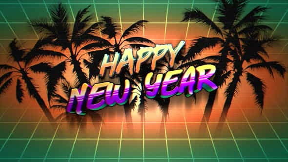 Animation intro text Happy New Year and tropical palms, retro holiday background | Events - VideoHive 29426204