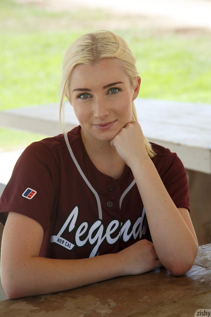 Sporty blonde Morgan Attwood flashing tiny tits & hot ass in a softball field(1)