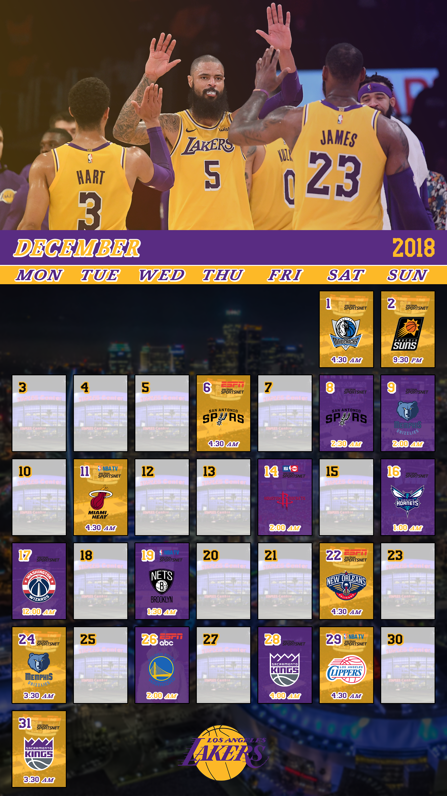 OC]Lakers January Schedule Lockscreen Wallpaper (LBJ Version/more  Timezones/other Resolution in Comments) : r/lakers