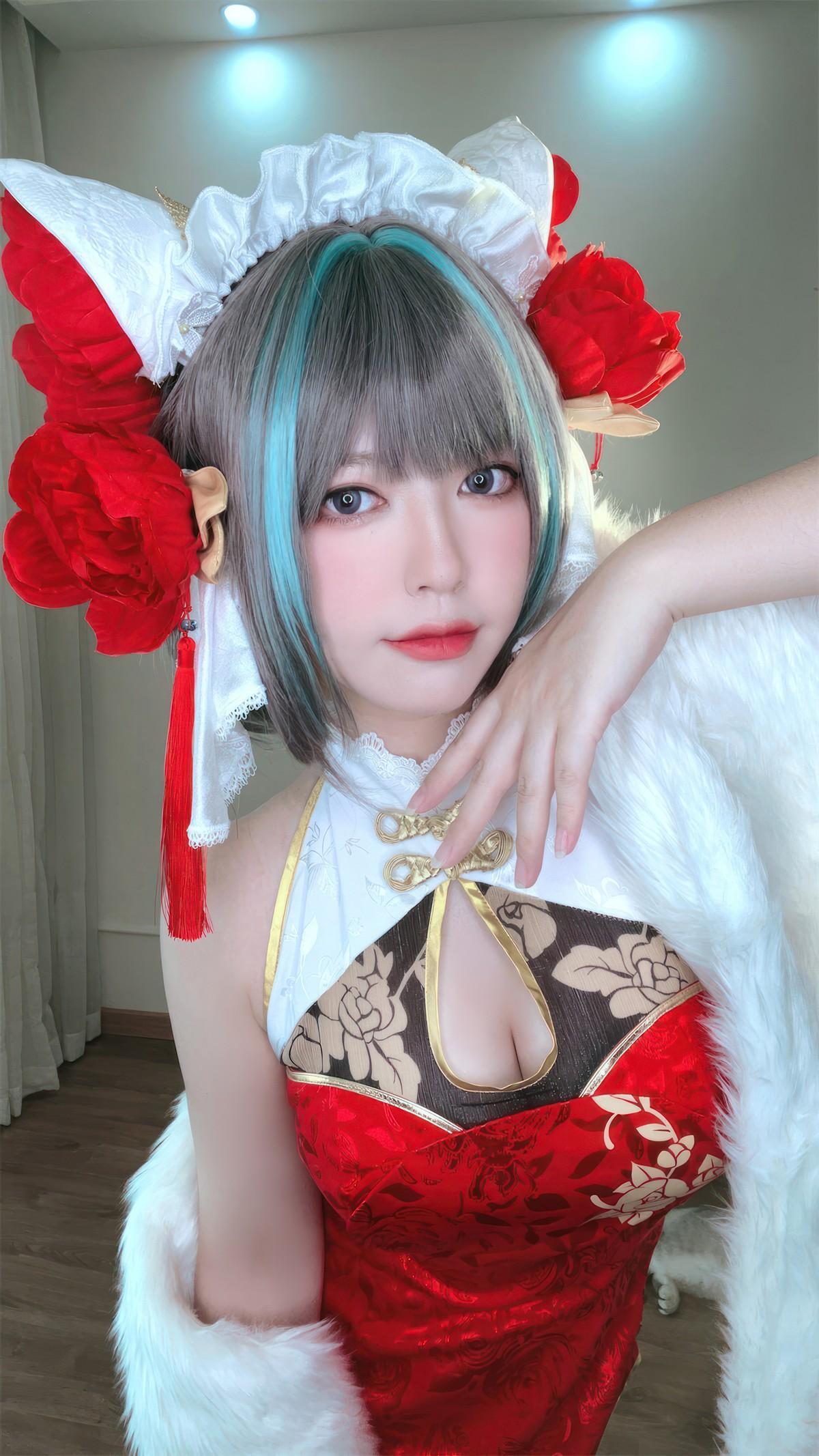 Cosplay 半半子Banbanko 柴郡中华娘旗袍(32)