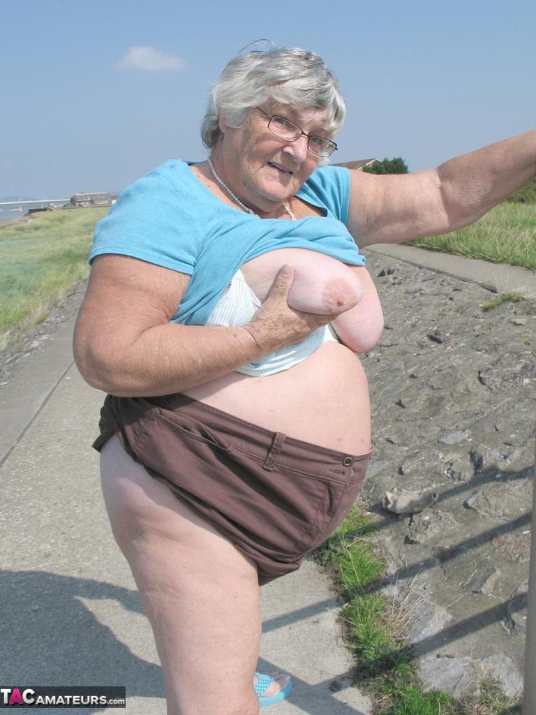 Fat old woman Grandma Libby exposes herself on a desolate bike path(14)