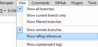 Image of the "Show reflog references" option in the View menu in Git Extensions