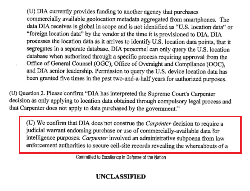 DIA is purchasing smartphone metadata of Americans to get around warrant requirements…