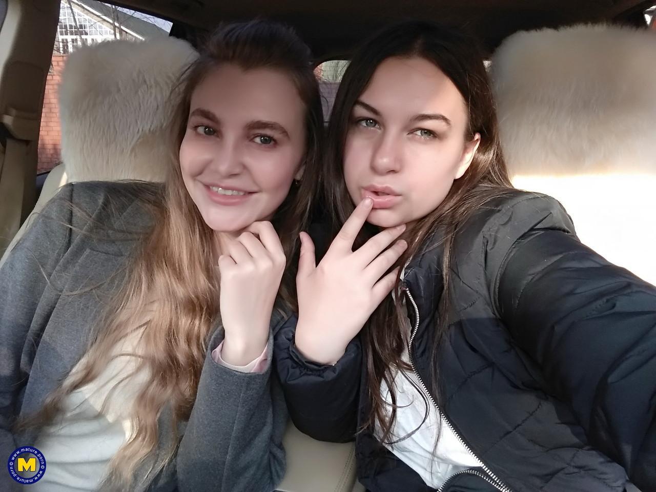 Long haired European lovers take a selfie in the car before lesbian sex action(3)