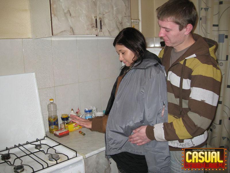 Teen lovers engage in a hard couples fuck in the kitchen(2)