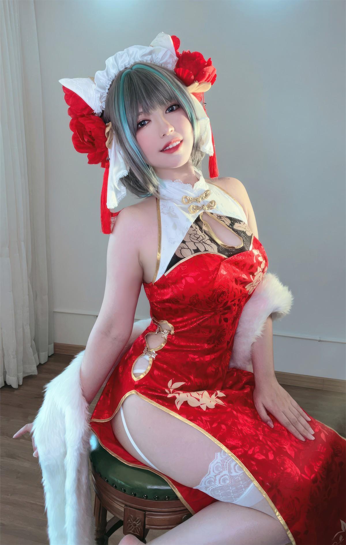 Cosplay 半半子Banbanko 柴郡中华娘旗袍(35)