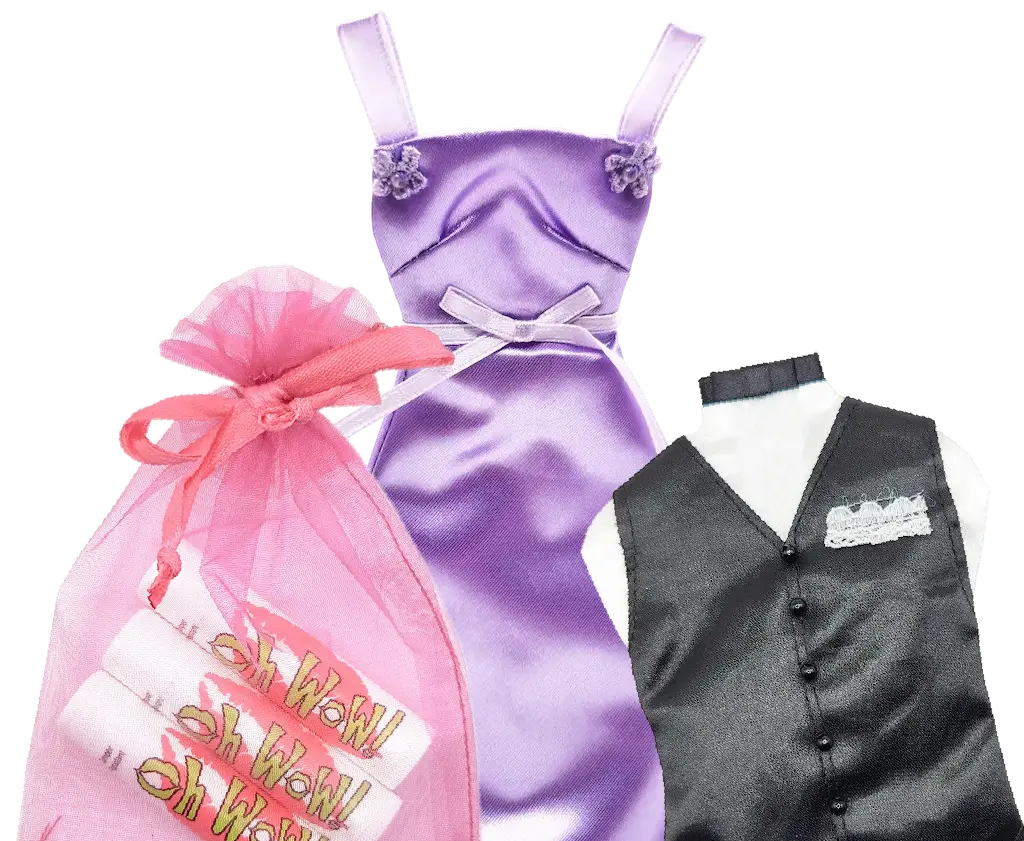 Oh WoW!® pink organza bag with three lip balm tubes inside, next to a purple prom dress favor and a tuxedo wedding favor